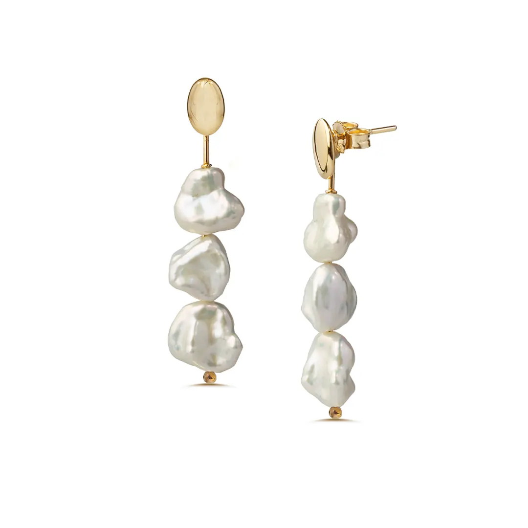 14K Gold 3 Keshi Pearl Long earrings
