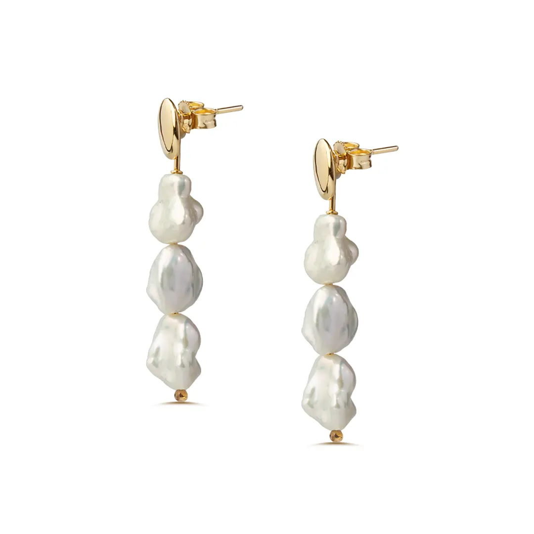 14K Gold 3 Keshi Pearl Long earrings - Image 3