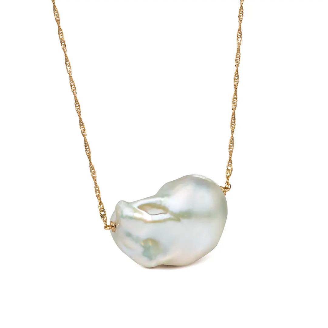14K Gold, Big Baroque Pearl Necklace with chain - Image 3