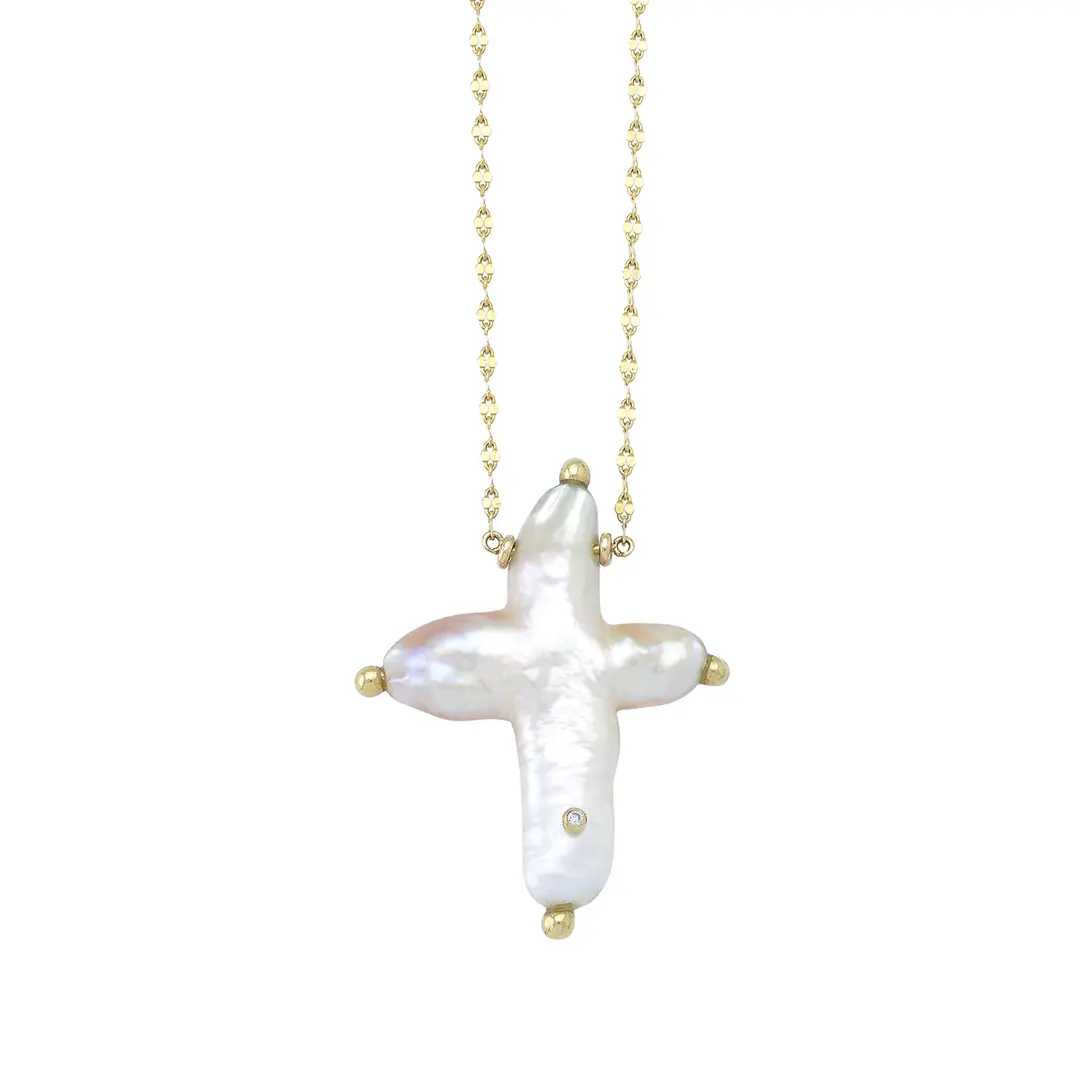 14K Gold, Big Pearl Cross Necklace - Image 4