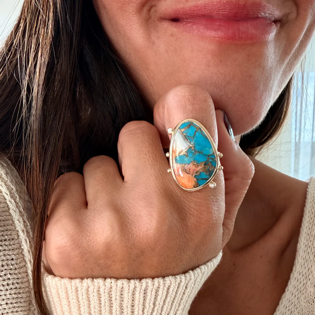 14K Gold Copper Mosaic Turquoise Ring with 2 Diamonds - Image 6