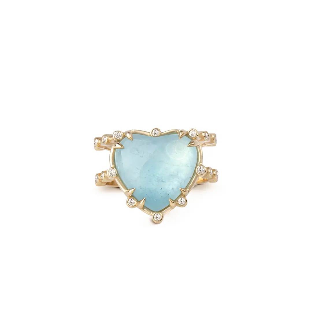 14K Gold Double Band,  Aquamarine Heart Ring with Diamonds