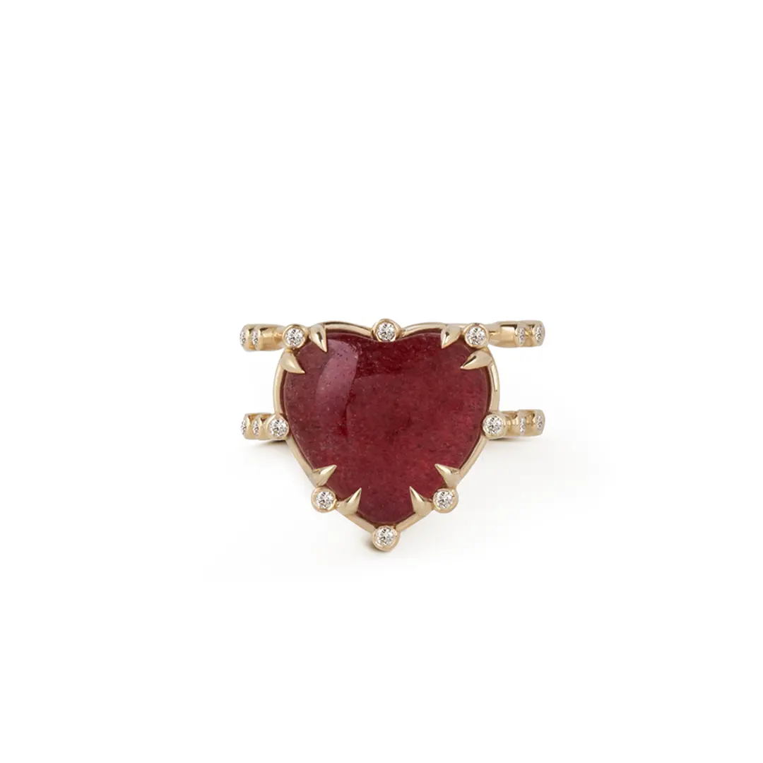 14K Gold Double Band, Strawberry Heart Ring with Diamonds