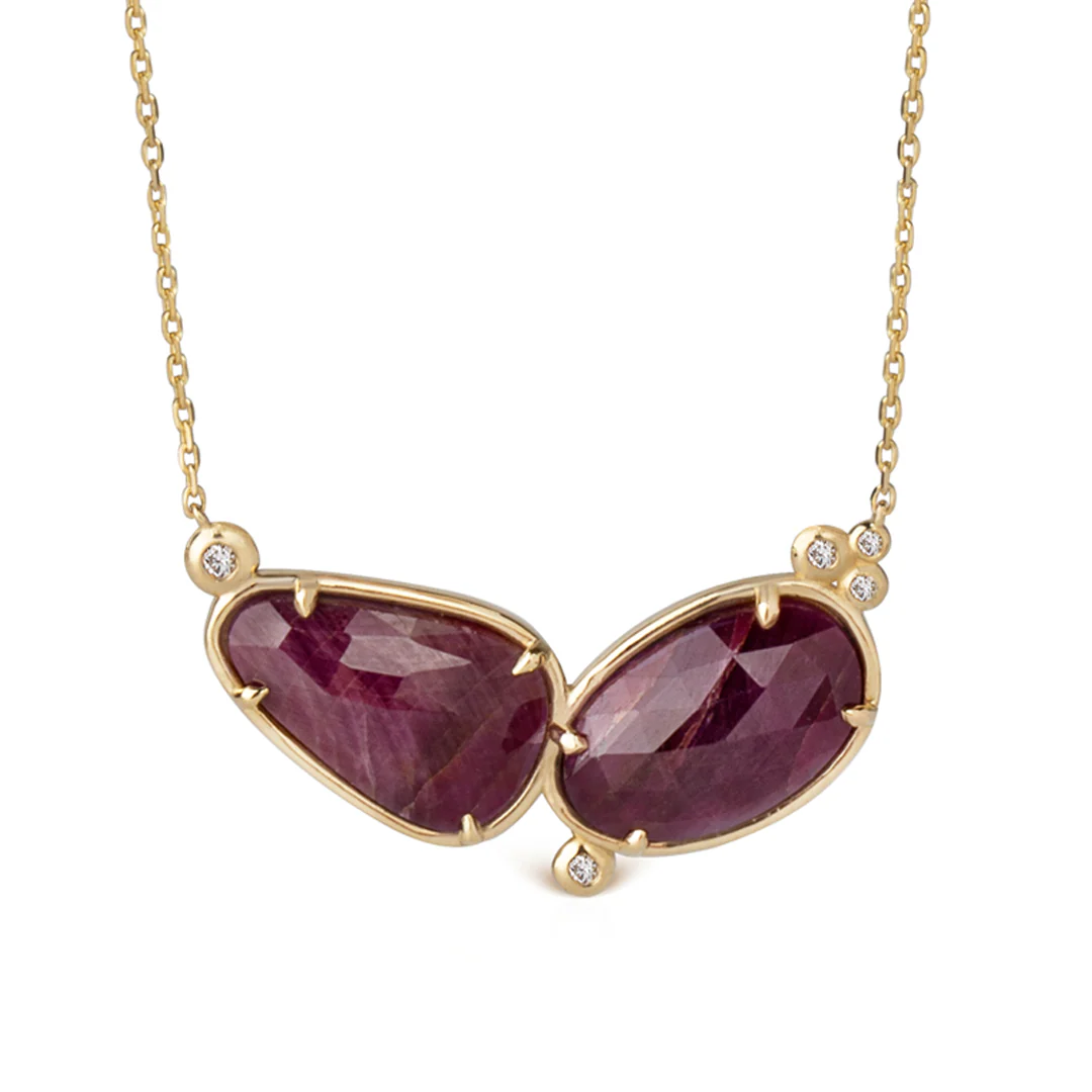 14K Gold Double Ruby Necklace with 5 diamonds