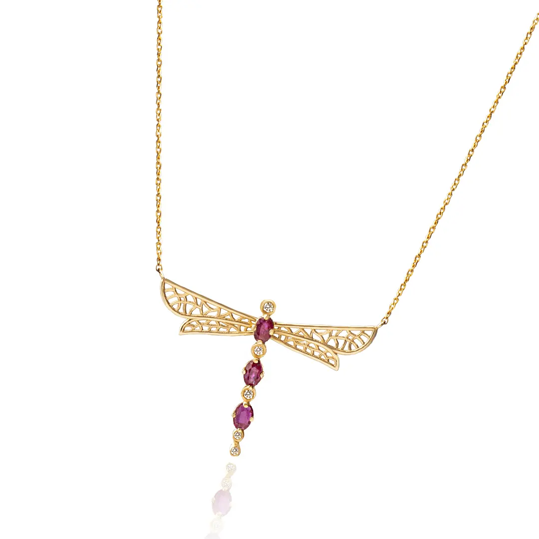 14K Gold Dragonfly Necklace with Rubies and Diamonds - Image 2