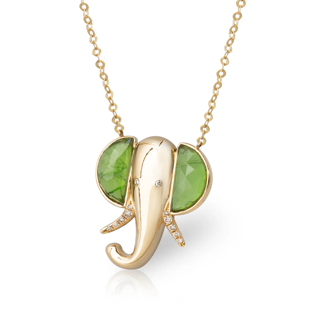 14K Gold Elephant Necklace with Dioptase and Diamonds