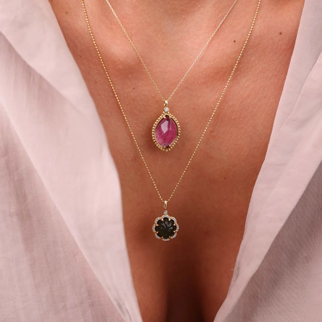 14K Gold Flower Necklace with  carved Green Tourmaline and Diamonds - Image 4