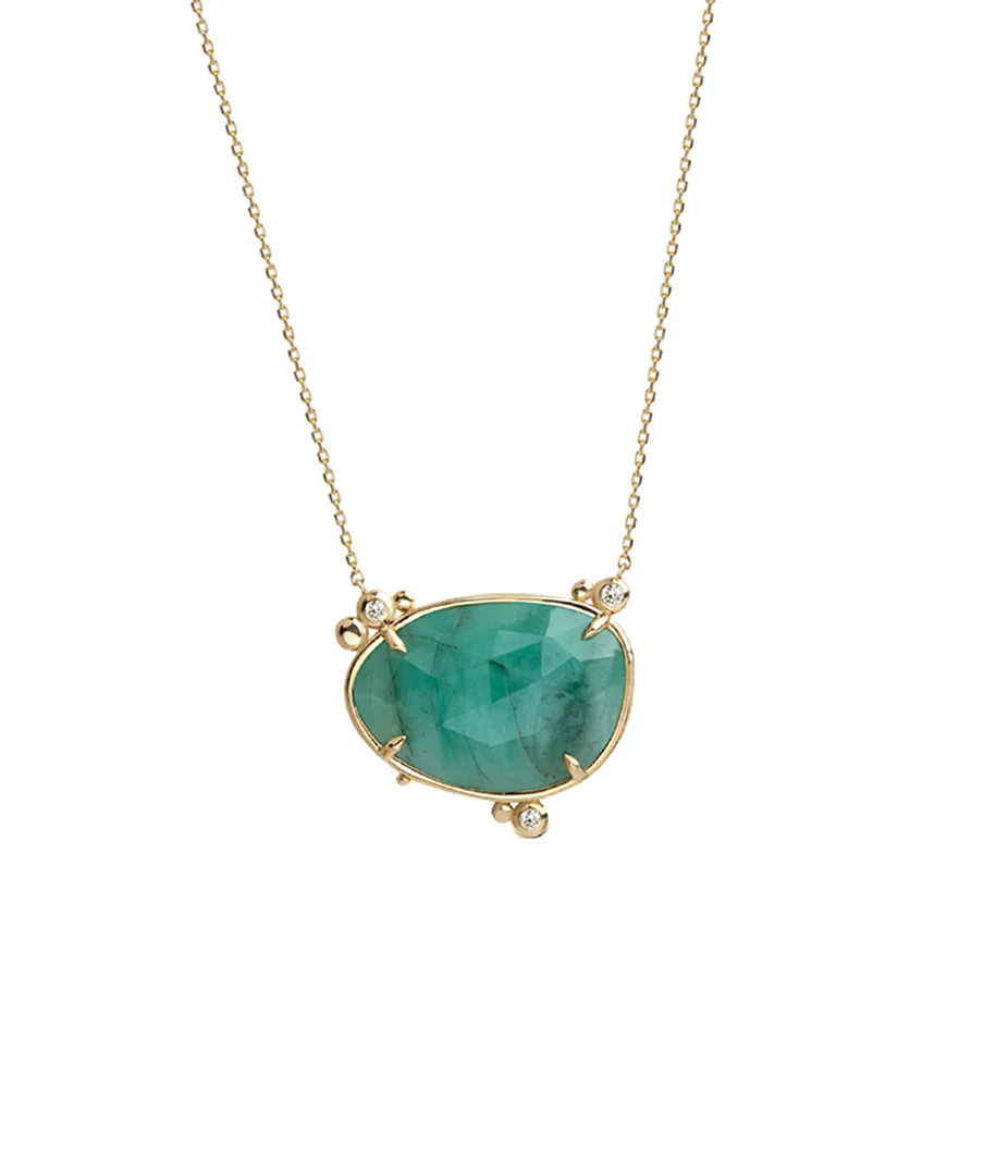 14K Gold Horizontal Emerald Necklace  with 3 diamonds - Image 2