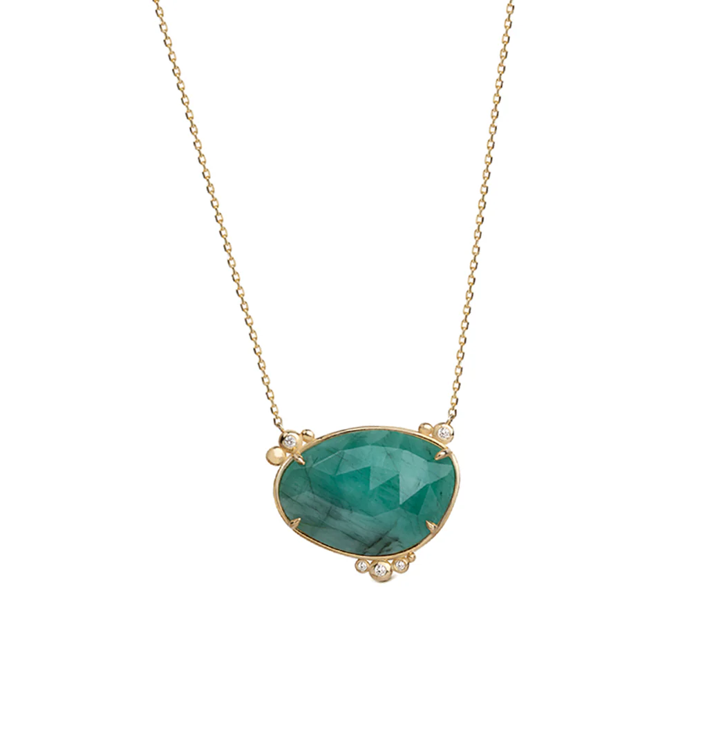 14K Gold Horizontal Emerald Necklace  with 5 diamonds - Image 2