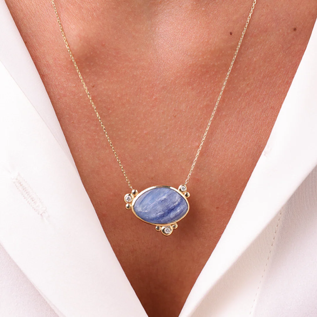 14K Gold Horizontal Oval Kyanite Necklace with 3 Diamonds - Image 3