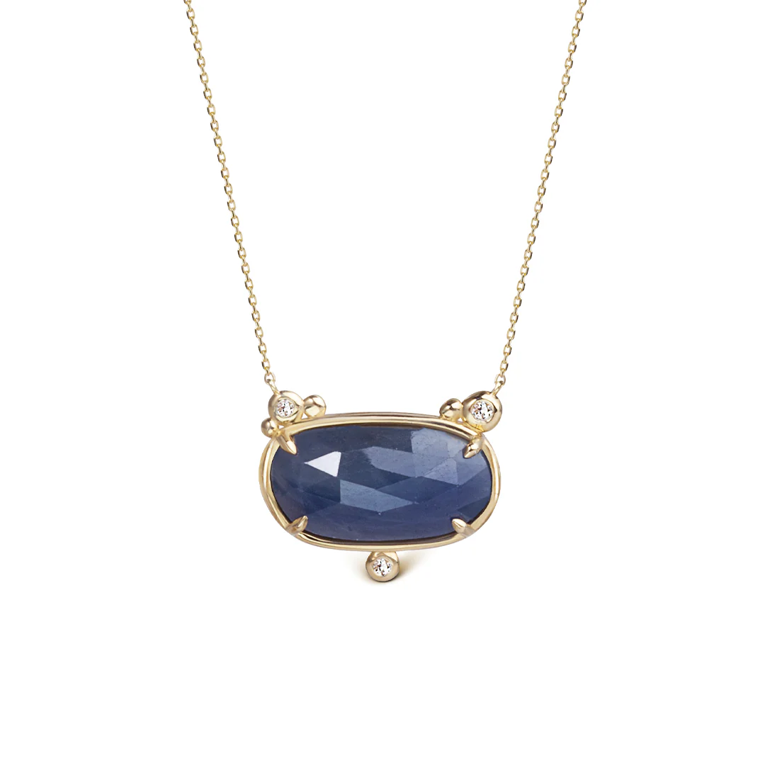 14K Gold Horizontal Sapphire Necklace  with  3 diamonds