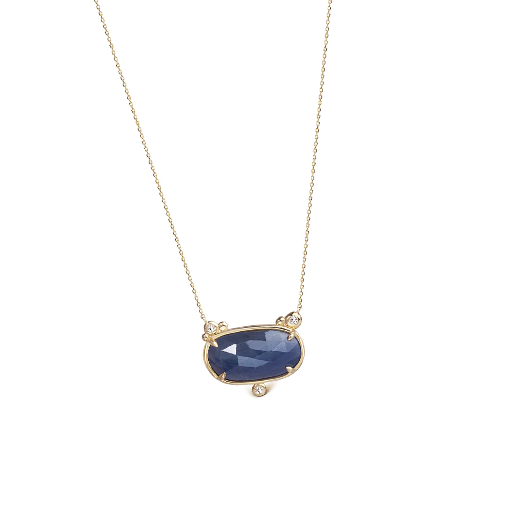 14K Gold Horizontal Sapphire Necklace  with  3 diamonds - Image 3
