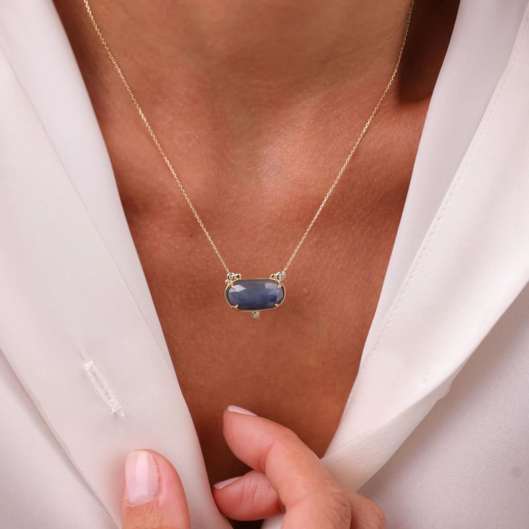 14K Gold Horizontal Sapphire Necklace  with  3 diamonds - Image 4