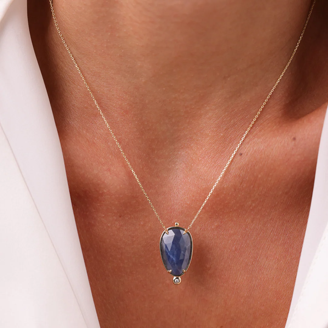14K Gold Vertical Sapphire Necklace  with a diamond - Image 2