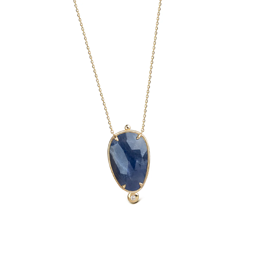 14K Gold Vertical Sapphire Necklace  with a diamond - Image 3