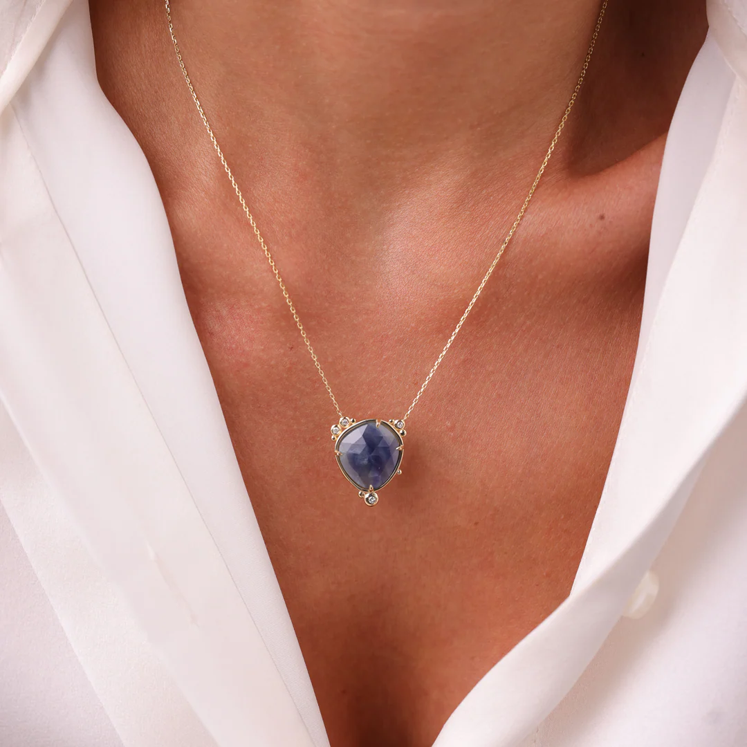 14K Gold Near-round Sapphire Necklace  with a diamond - Image 3