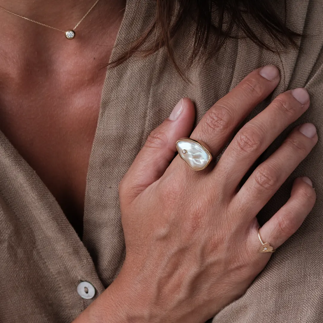 14K Gold  Irregular Baroque  Pearl Ring with gold dot and diamond - Image 2