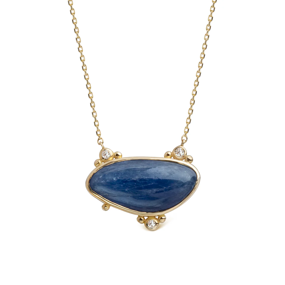 14K Gold Irregular Horizontal Kyanite Necklace with 3 Diamonds