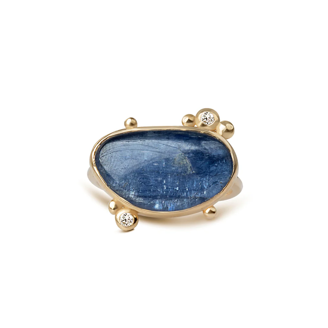 14K Gold Irregular Kyanite Ring with 2 Diamonds