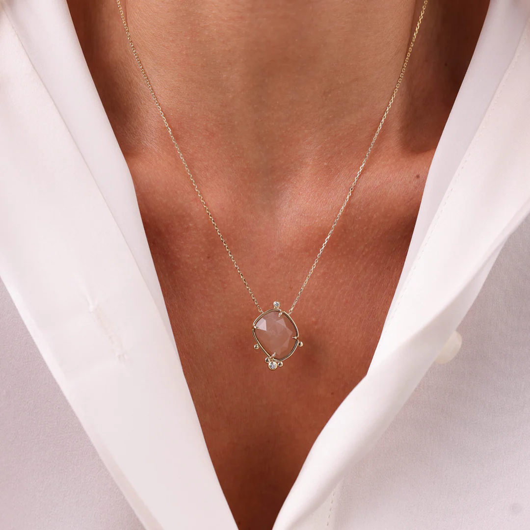 14K Gold Irregular Moonstone Necklace with 2 Diamonds - Image 3