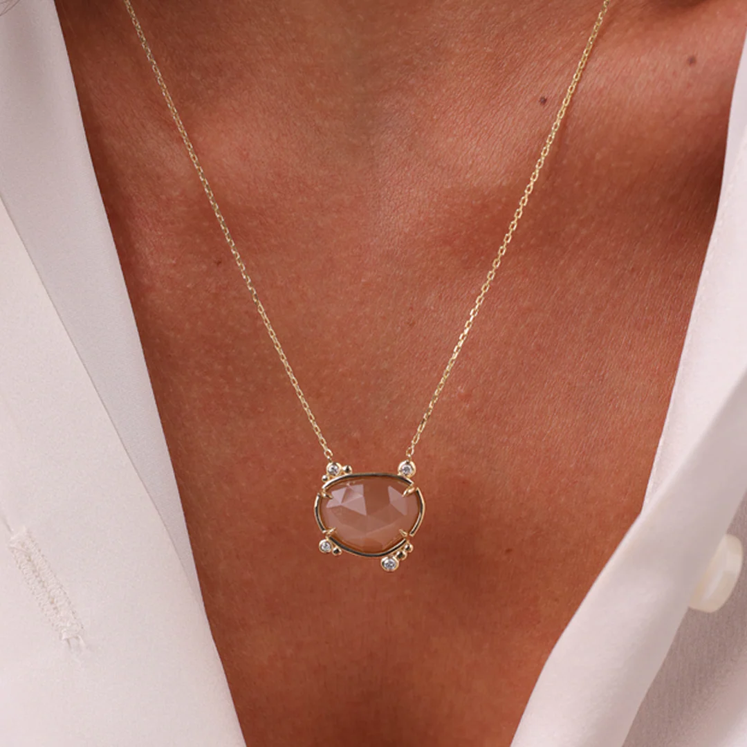 14K Gold Irregular Moonstone Necklace with 4 Diamonds - Image 4