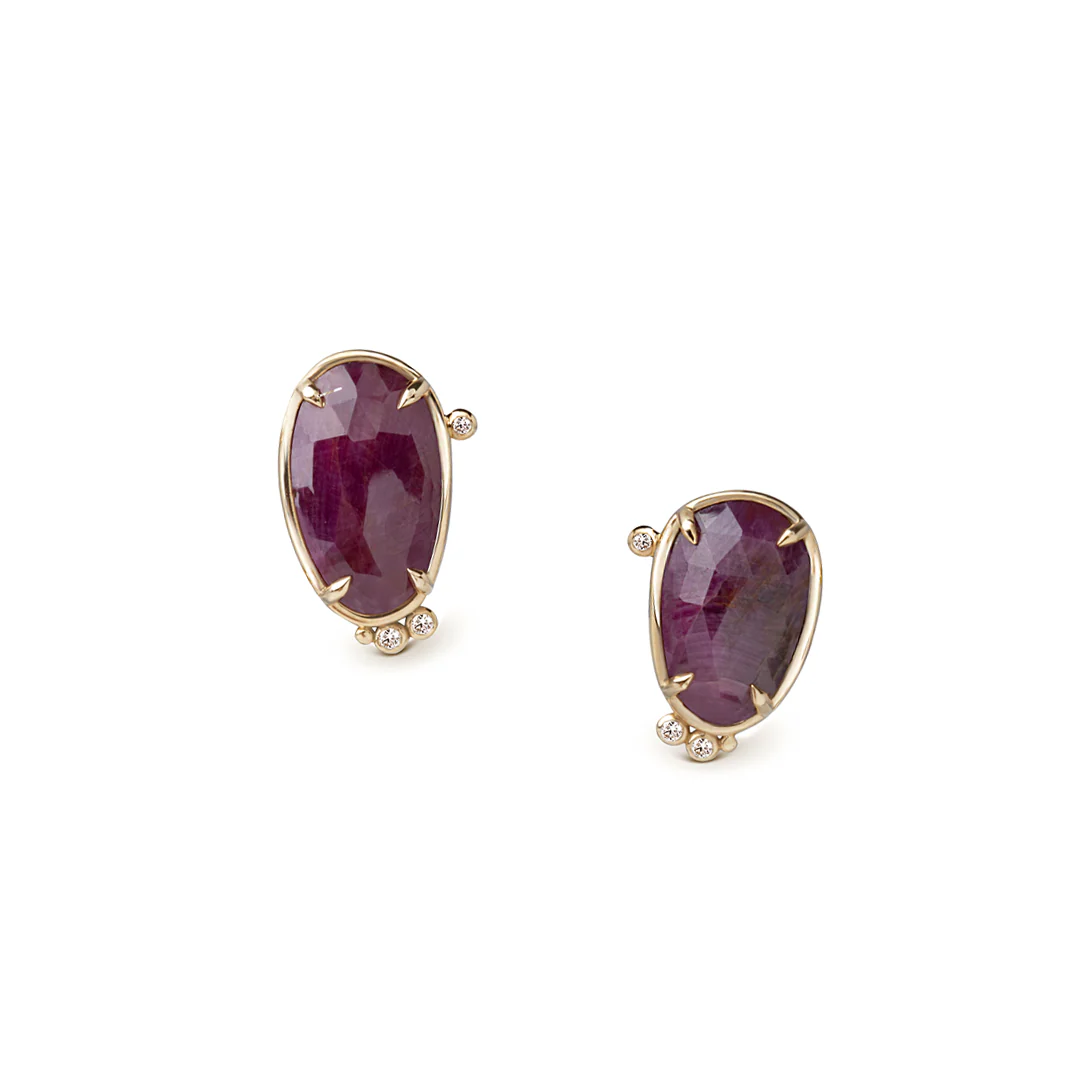 14K Gold irregular Ruby Earrings with Diamonds - Image 2