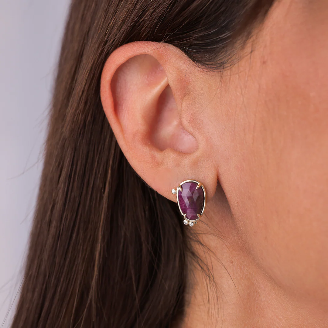 14K Gold irregular Ruby Earrings with Diamonds - Image 3