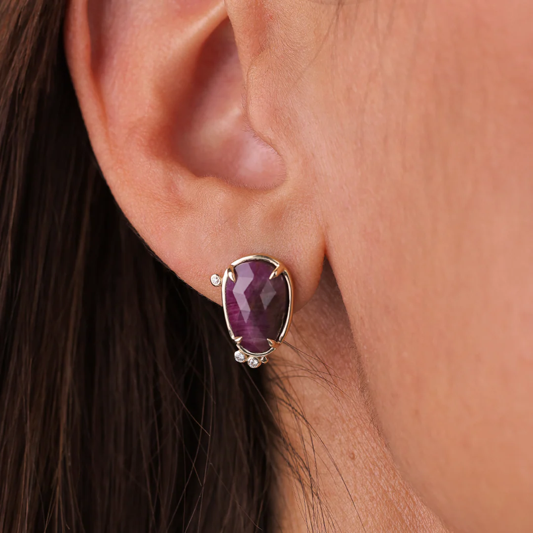 14K Gold irregular Ruby Earrings with Diamonds - Image 4