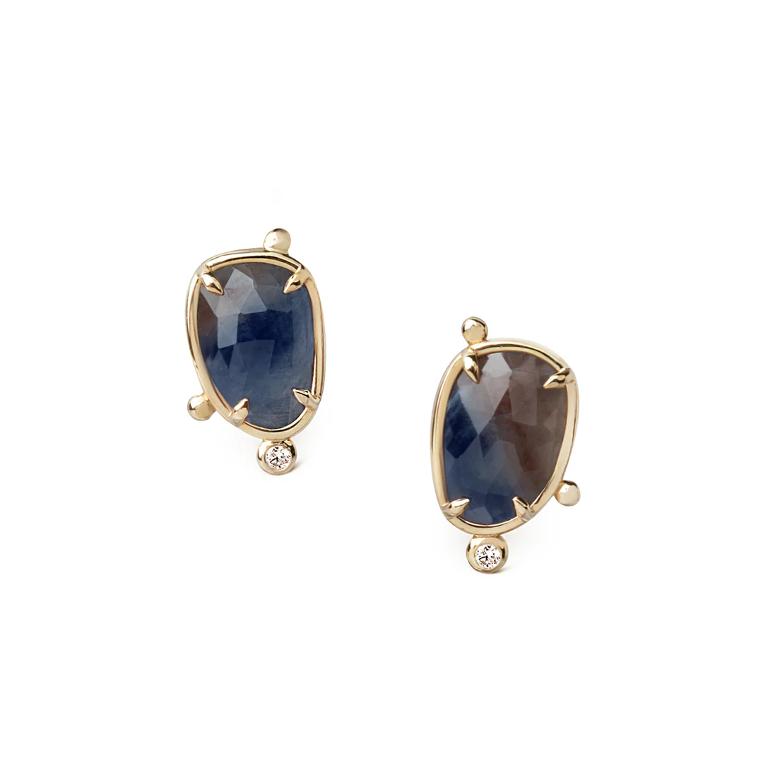 14K Gold Irregular Sapphire Earrings with Diamonds - Image 2