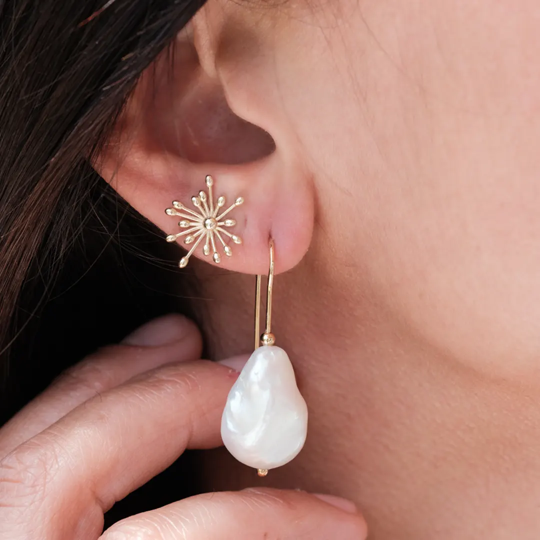 14K Gold Minimal Baroque Pearl Earrings - Image 2