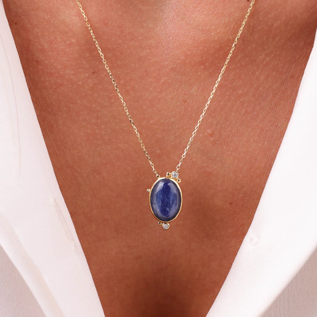 14K Gold Oval Kyanite Necklace with 2 Diamonds - Image 4