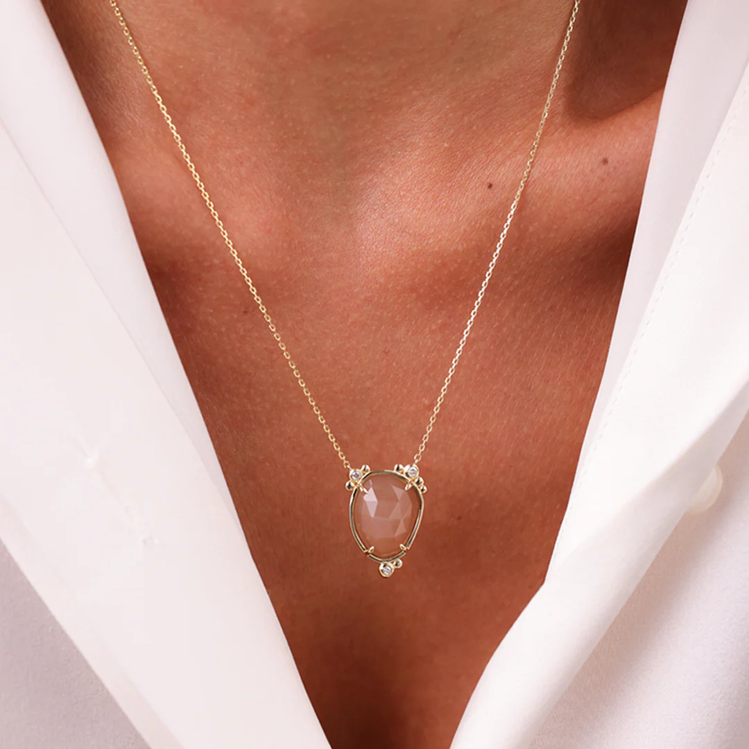 14K Gold Oval Moonstone Necklace with 3 Diamonds - Image 3