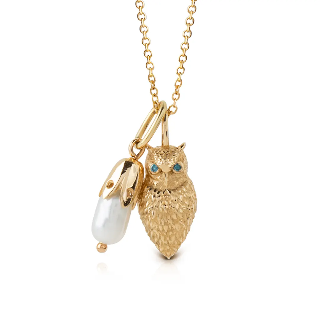 14K Gold Owl Necklace with blue diamonds and a drop pearl