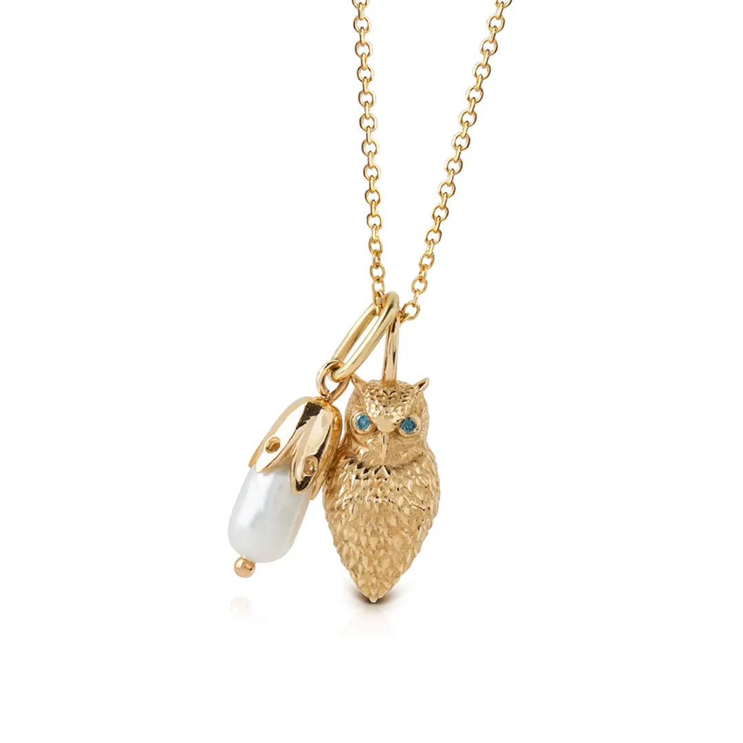 14K Gold Owl Necklace with blue diamonds and a drop pearl - Image 2