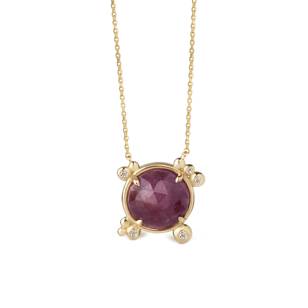 14K Gold Round Ruby Necklace with 5 diamonds