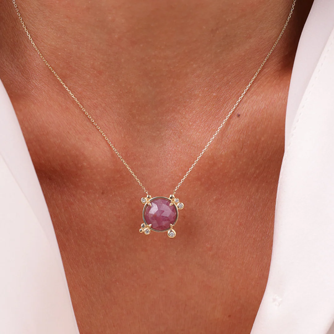 14K Gold Round Ruby Necklace with 5 diamonds - Image 2