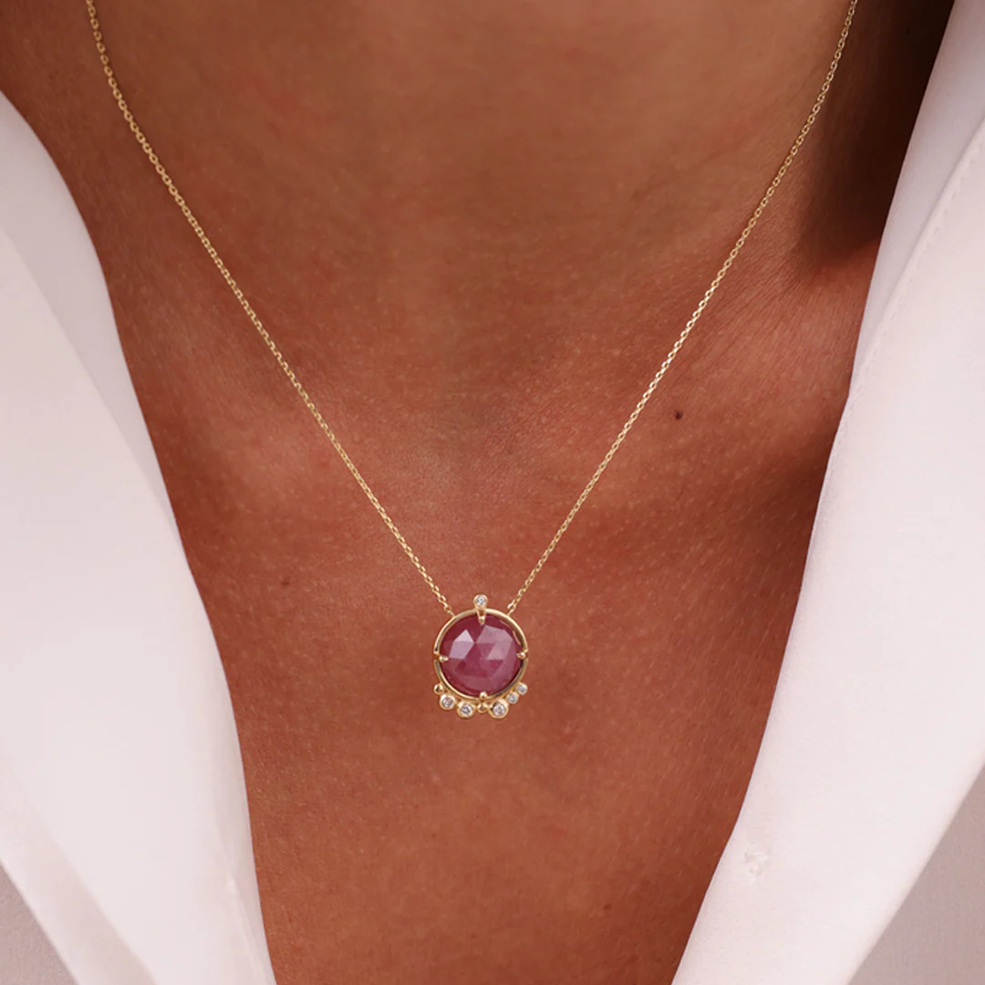 14K Gold Round Ruby Necklace  with 6 diamonds - Image 2