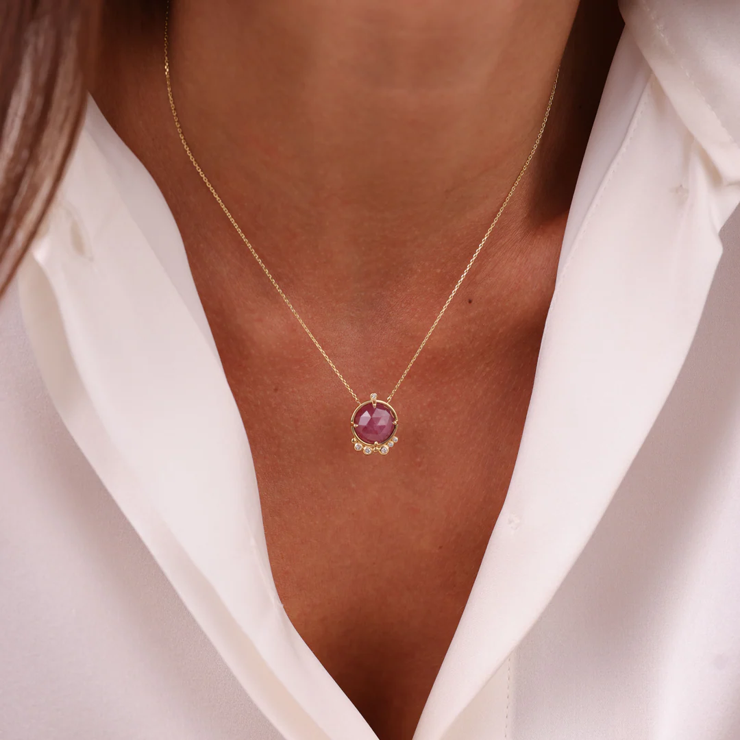 14K Gold Round Ruby Necklace  with 6 diamonds - Image 3