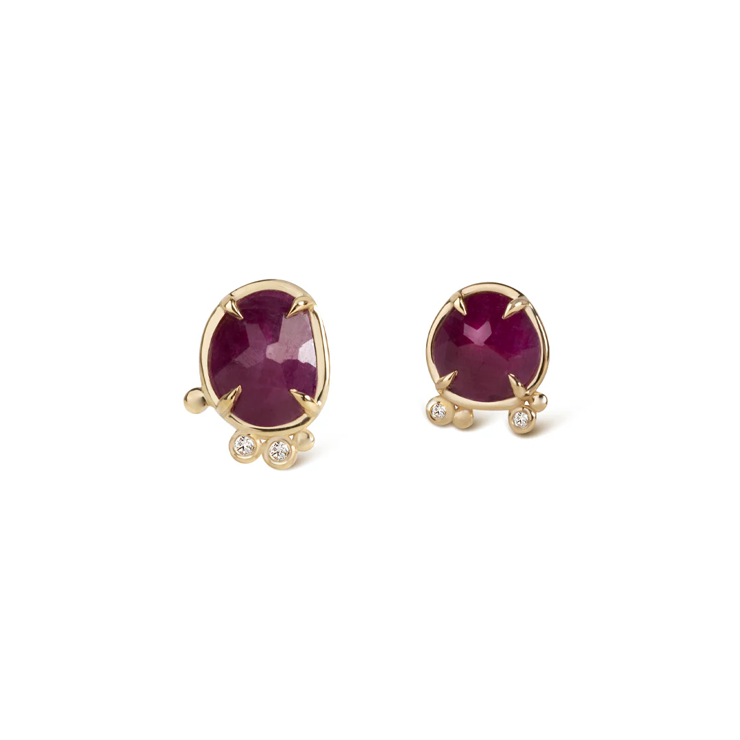 Inner Fire - 14K Gold Ruby Stud Earrings with 2 Diamonds