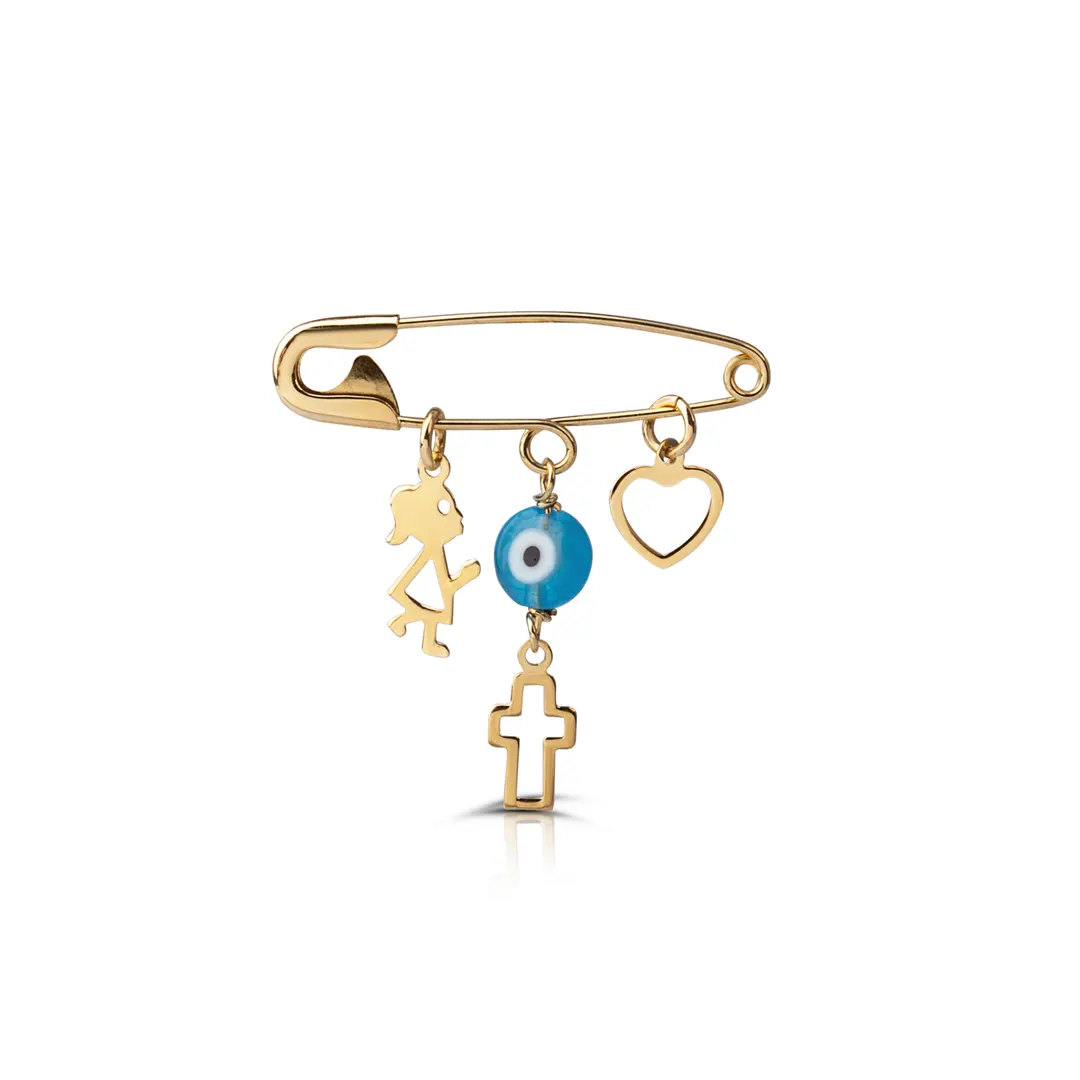 14K Gold Safety Pin Amulet Necklace, Girl