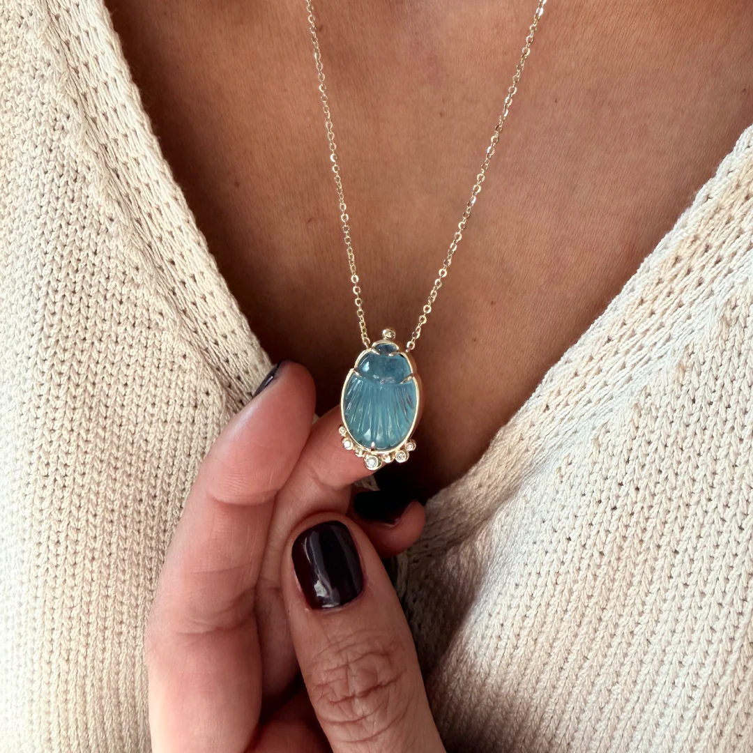 14K Gold Scarab Aquamarine Pendant Necklace with Diamonds - Image 2