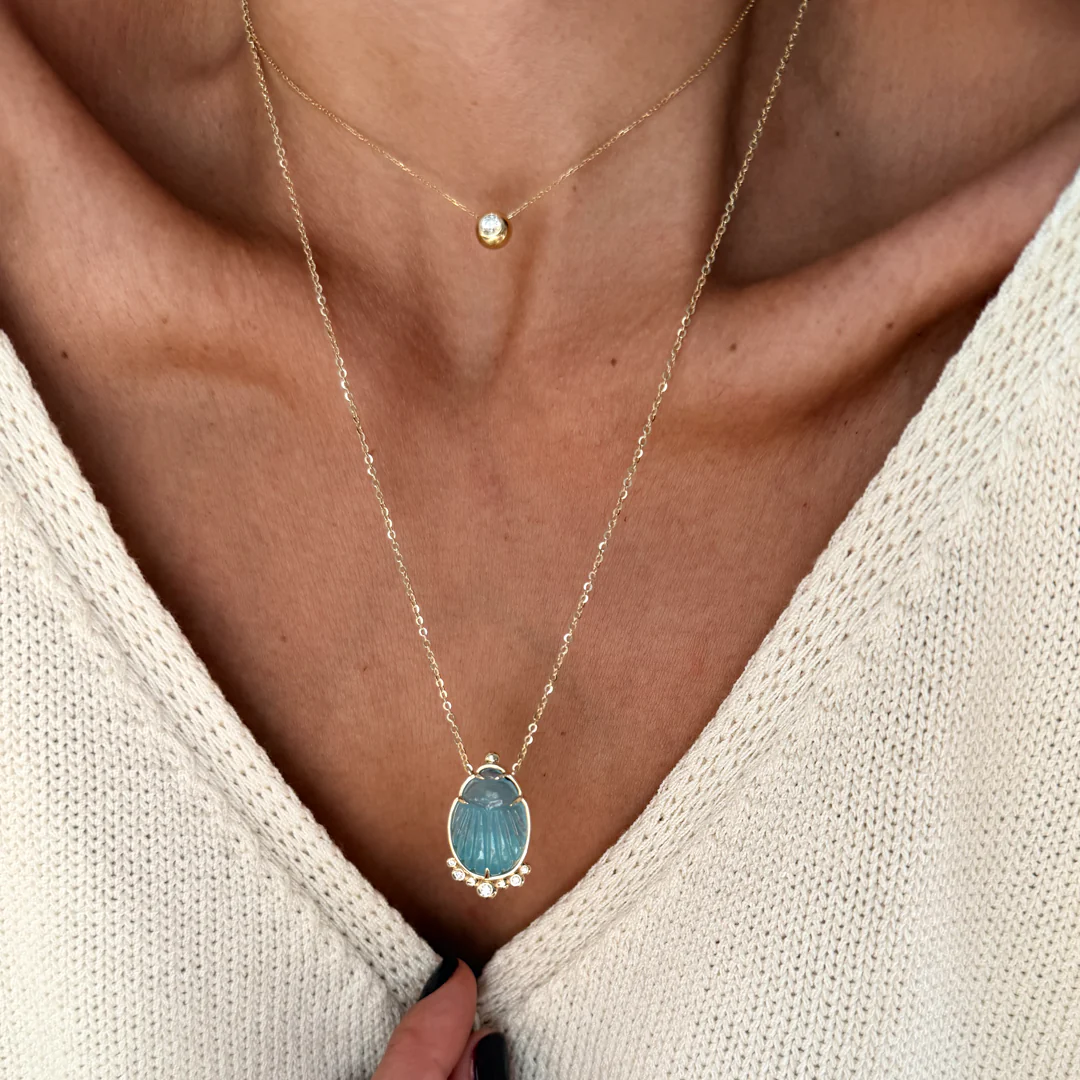 14K Gold Scarab Aquamarine Pendant Necklace with Diamonds - Image 5