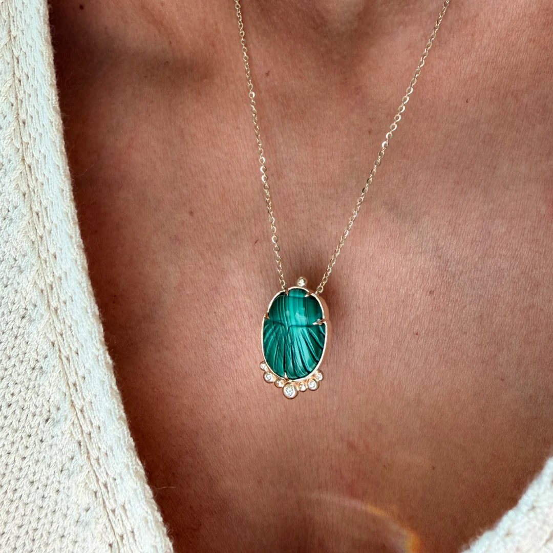 14K Gold Scarab Malachite Pendant Necklace with Diamonds - Image 2