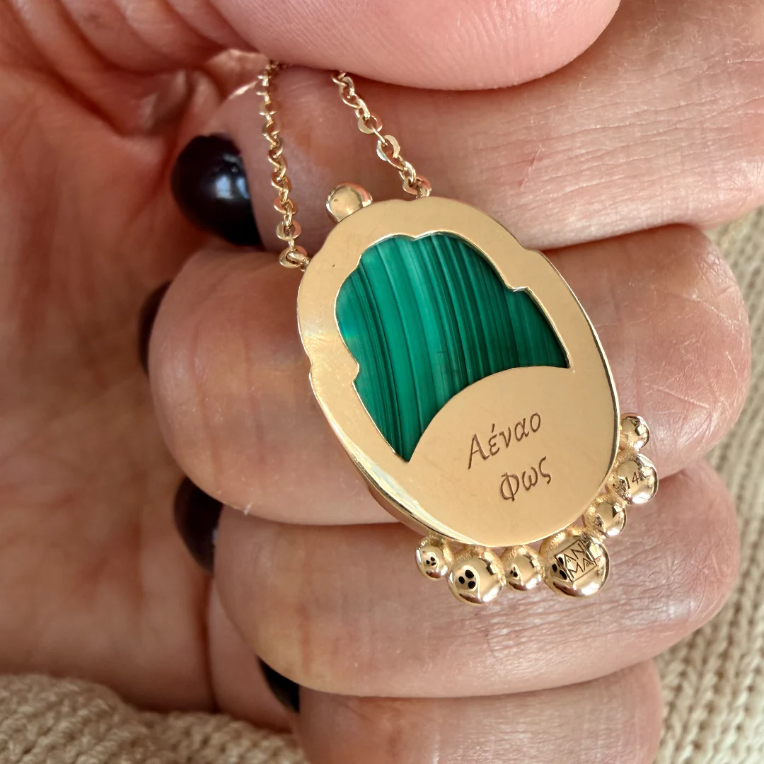14K Gold Scarab Malachite Pendant Necklace with Diamonds - Image 3