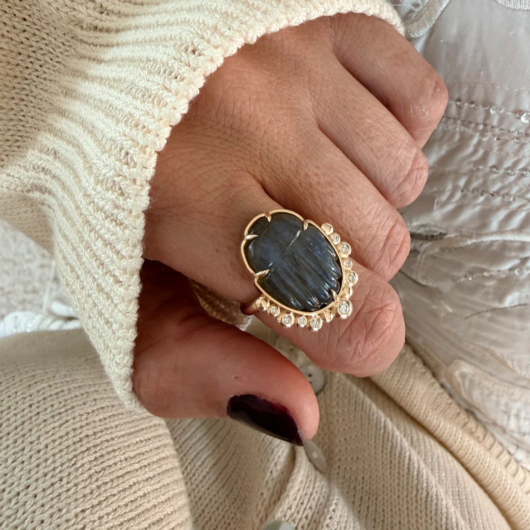 14K Gold Scarab Grey Moonstone Ring with Diamonds - Image 5