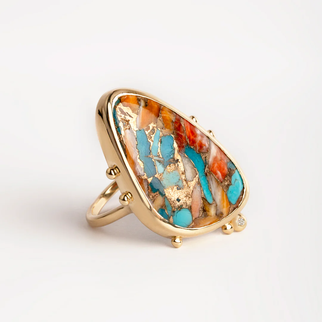 14K Gold Copper Mosaic Turquoise Ring with Diamond - Image 3