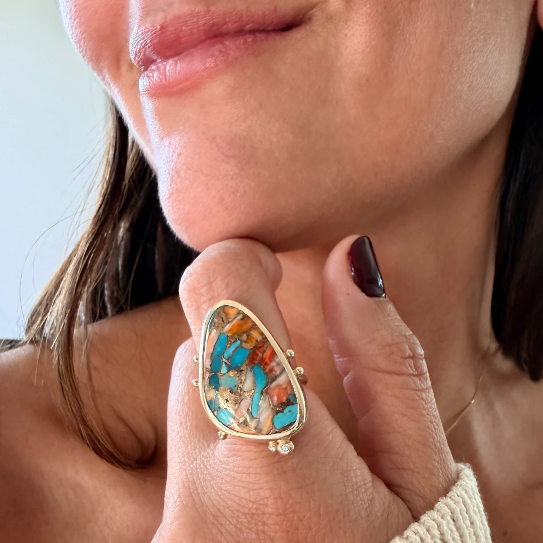 14K Gold Copper Mosaic Turquoise Ring with Diamond - Image 5