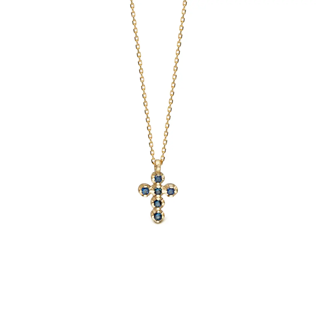 14K Gold Small Cross necklace with Sapphires