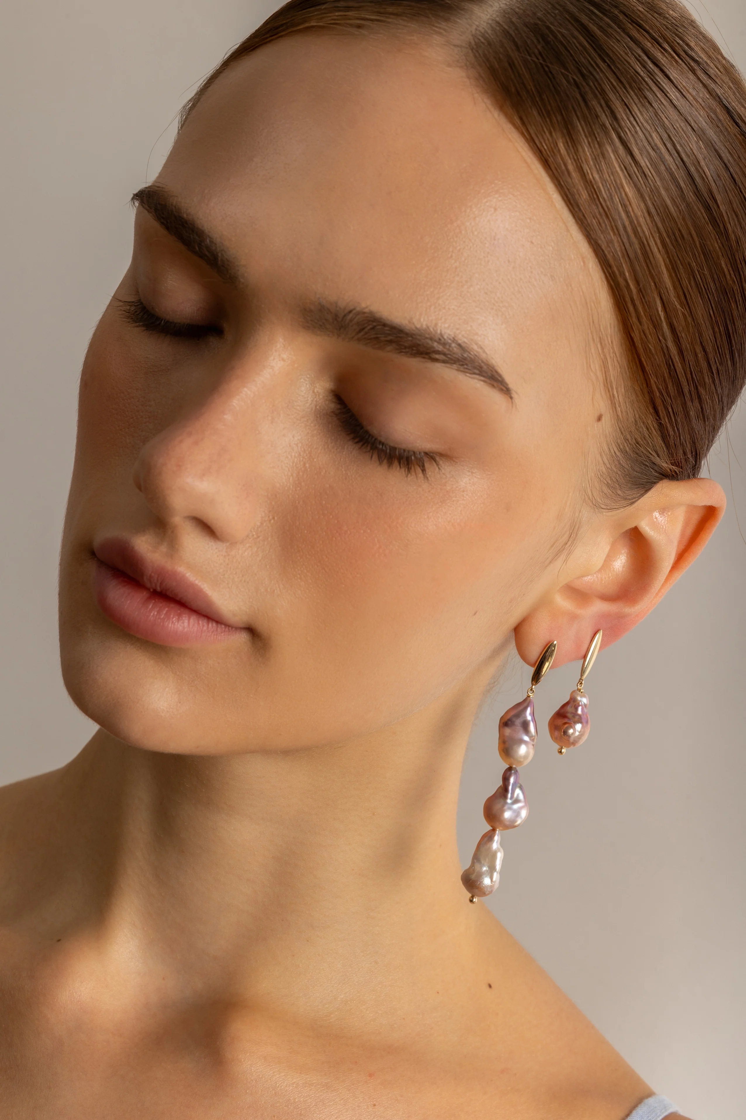 14K Gold Small Pinky-Grey Baroque pearls Earrings - Image 2