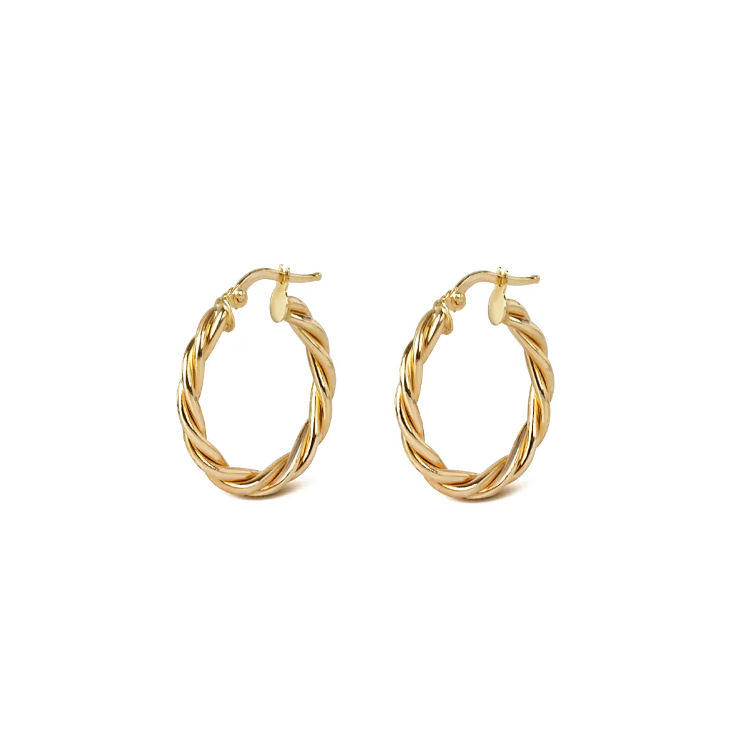 14K Gold small round thick twisted hoops